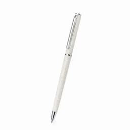 A pen featuring a white body with a textured finish and silver accents. It includes a clip and has a sleek design.