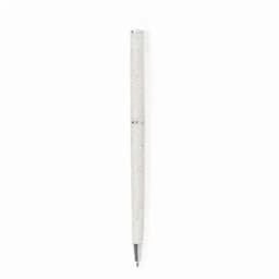 A pen with a textured white barrel and a silver tip, featuring a logo on the upper section.