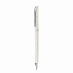 A pen with a white textured barrel and silver accents. It features a clip and a shiny silver tip.