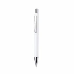 A white pen with a sleek design and silver clip. The pen has a glossy finish and a pointed tip.