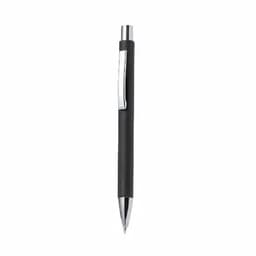 A ballpoint pen featuring a black body and a silver clip, with a polished chrome tip.