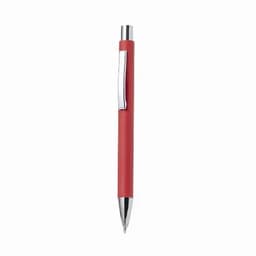 A red pen with a silver clip and polished tip, featuring a sleek and modern design.