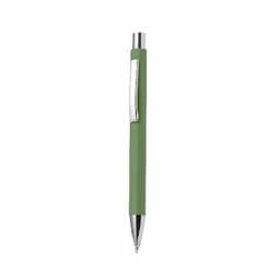A green pen with a silver clip and a chrome tip, featuring a smooth, cylindrical design.