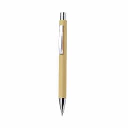 A pen with a yellow barrel and silver accents, featuring a clip and a retractable tip.