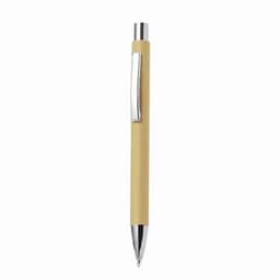 A yellow pen with a chrome clip and a shiny silver tip. The pen has a smooth, minimalist design.