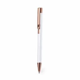 A pen with a white barrel and rose gold accents, featuring a shiny finish and a logo on the barrel.