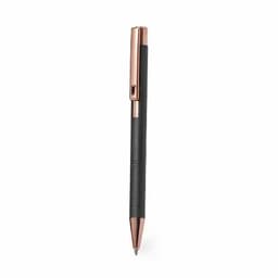 A pen with a black grip and rose gold accents. It features a click mechanism and a textured surface for grip.