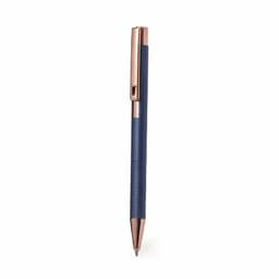 A pen with a navy blue body and rose gold accents, featuring a sleek design and a metal clip.