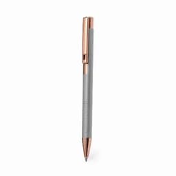 A pen with a grey barrel and rose gold accents, featuring a textured grip and a sleek design.