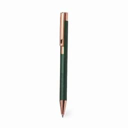 A green pen with a copper clip and detailing, featuring a twist mechanism for retracting the nib.