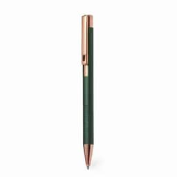 A green pen with a rose gold clip and tip, featuring a textured grip and a sleek design.