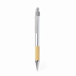 A pen featuring a silver barrel with a bamboo grip, including a clip and a stylus tip.