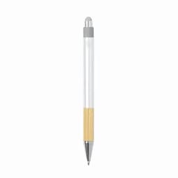 A pen featuring a clear barrel with a bamboo grip and a silver clip. It has a rounded top and a metallic tip.