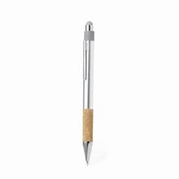A silver pen with a cork grip and a chrome clip, featuring a smooth writing tip.