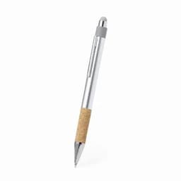 A silver pen with a cork grip and a chrome tip, featuring a sleek metallic design.