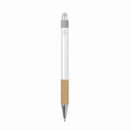 A pen with a white barrel, silver accents, and a cork grip. It features a logo on the upper section.