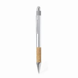 A pen with a silver body, chrome accents, and a cork grip. It features a logo on the barrel.
