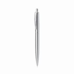 A silver pen with a sleek design and a clip for easy attachment.