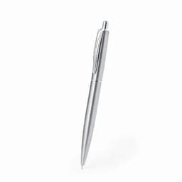 A silver ballpoint pen with a sleek design and a clip at the top. It features a shiny metallic finish.