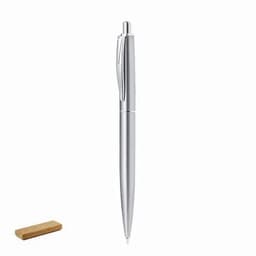 A silver pen positioned next to a small rectangular piece of cork, featuring a simple design with a clip.