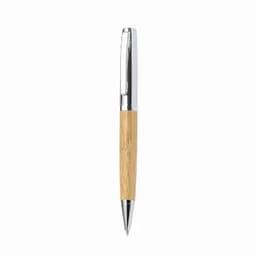 A pen with a chrome top and a bamboo shaft, featuring a sleek, modern design. It has a clip for attachment.