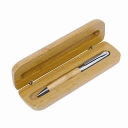 A pen with a bamboo grip in a matching bamboo case. The pen has a silver metal tip and clip.