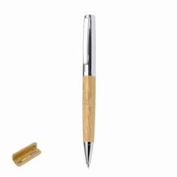 A pen with a bamboo barrel and silver accents, accompanied by a matching bamboo clip.