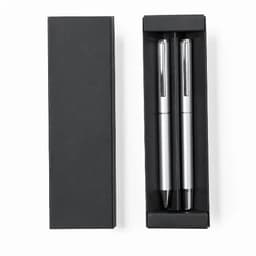 A pen set in a black gift box, featuring two sleek silver pens with black accents.