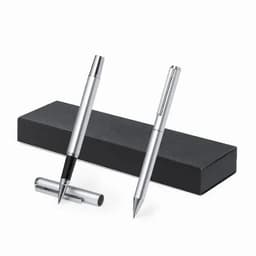 A set of silver pens displayed beside a sleek black box. The pens feature a logo and include a ballpoint and rollerball pen.