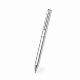 A silver pen with a sleek design and a clip feature. The pen has a minimalist aesthetic.