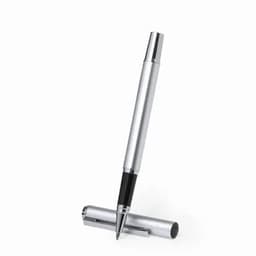 A silver pen with a black grip, displayed with the cap removed, featuring a logo on the body.