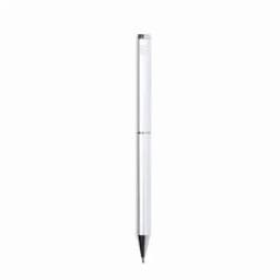 A sleek white pen with a chrome clip and tip, featuring a subtle branding logo.