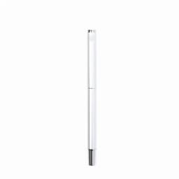 A white pen with a sleek design, featuring a shiny silver tip and a branding logo at the top.