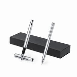 A set of silver pens displayed atop a black gift box. The pens have a sleek design and feature a branding logo.