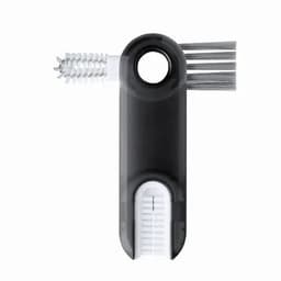 A cleaning tool featuring a black handle with a bristle brush and a spiral brush attachment.