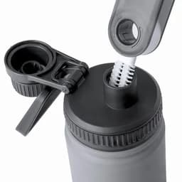 A drink bottle in grey with a black lid and a removable straw for easy cleaning. Features a logo on the side.