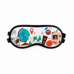 A sleep mask featuring a vibrant design with a globe, maps, and travel-related icons on a white background.