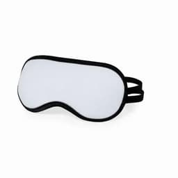 A sleep mask featuring a white front and black edges, designed for blocking out light. It has an adjustable strap.