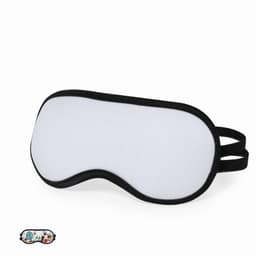 A sleep mask in white with a black strap, featuring a smooth surface and a contoured shape. It has a logo on the bottom.