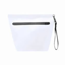 A clear pouch with a black zip and wrist strap, suitable for storing items.
