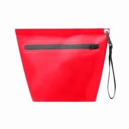 A red waterproof pouch with a black zipper and wrist strap. It features a textured surface and a sleek design.