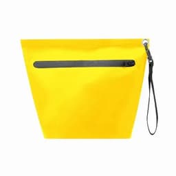 A bright yellow pouch with a zipper, featuring a black zippered pocket and a wrist strap.