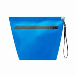 A blue pouch with a zippered pocket and a wrist strap, featuring a sleek, modern design.