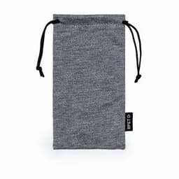 A grey drawstring pouch with black cords, featuring a small logo on the side.