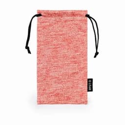 A red drawstring pouch made from textured fabric, featuring a black tag on the side.