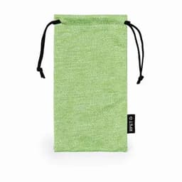A green drawstring pouch made from recycled materials, featuring a black tag.