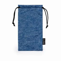 A drawstring pouch in a blue fabric with a black tag, featuring a simple design and a textured look.