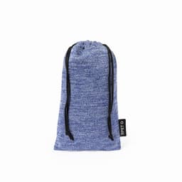 A drawstring bag in a blue speckled fabric, featuring a black tag. Suitable for various uses.