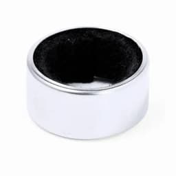 A metallic ring with a smooth silver exterior and a black, textured interior. It features a simple, sleek design.