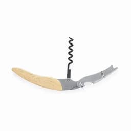 A corkscrew with a wooden handle and a metallic finish, featuring a spiral corkscrew and a bottle opener.